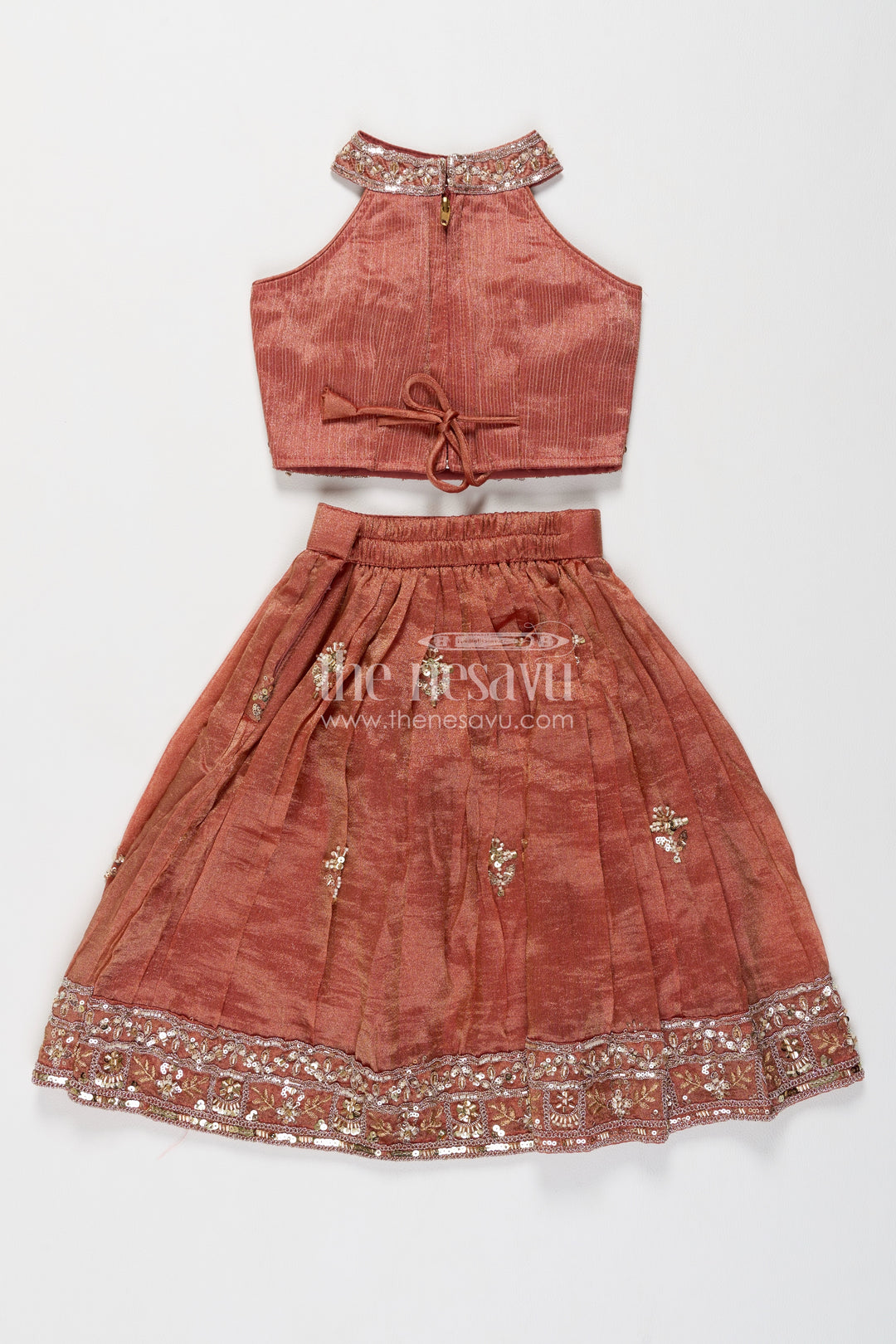 Girls Copper Orange Leaf Embroidered Halter Lehenga Choli