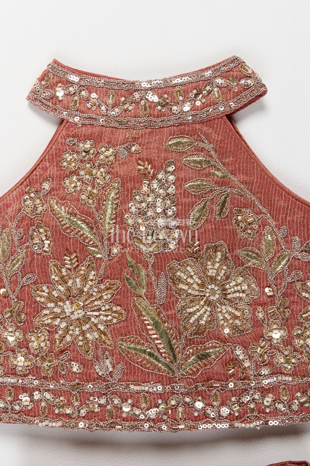 Girls Copper Orange Leaf Embroidered Halter Lehenga Choli