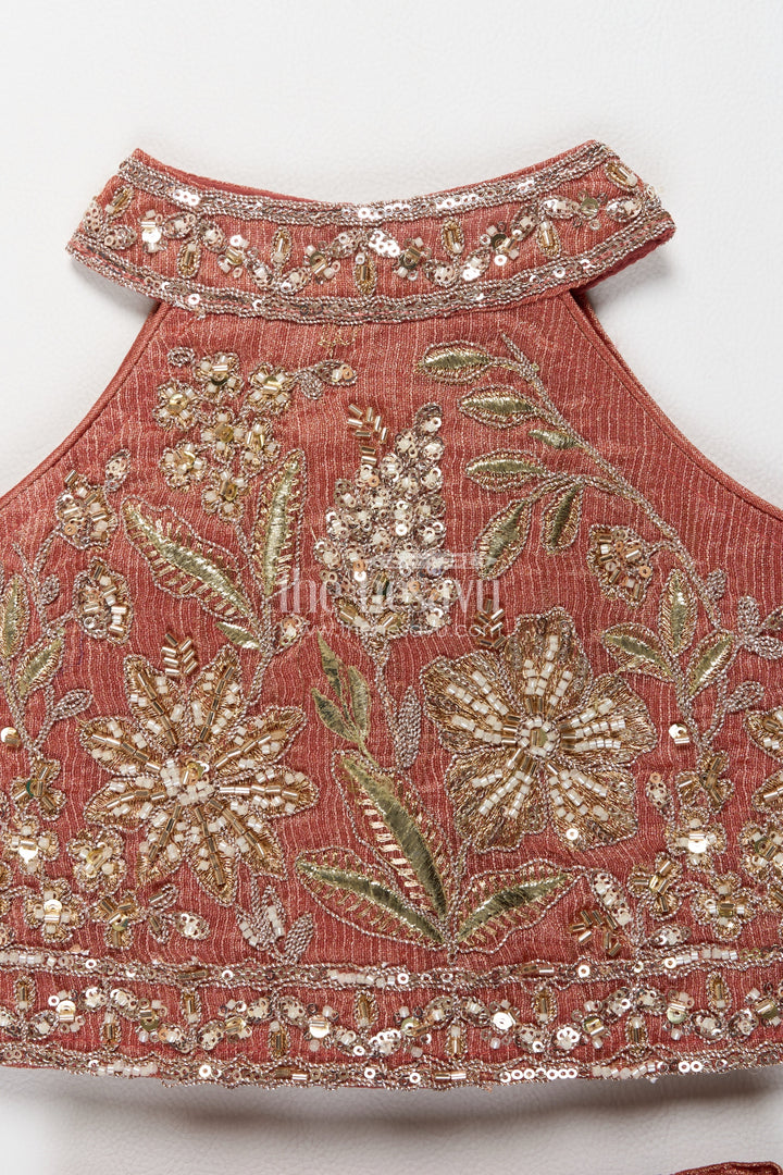 Girls Copper Orange Leaf Embroidered Halter Lehenga Choli