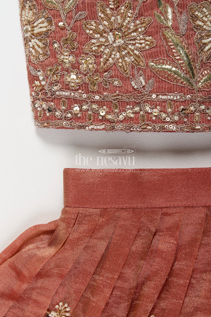 Girls Copper Orange Leaf Embroidered Halter Lehenga Choli