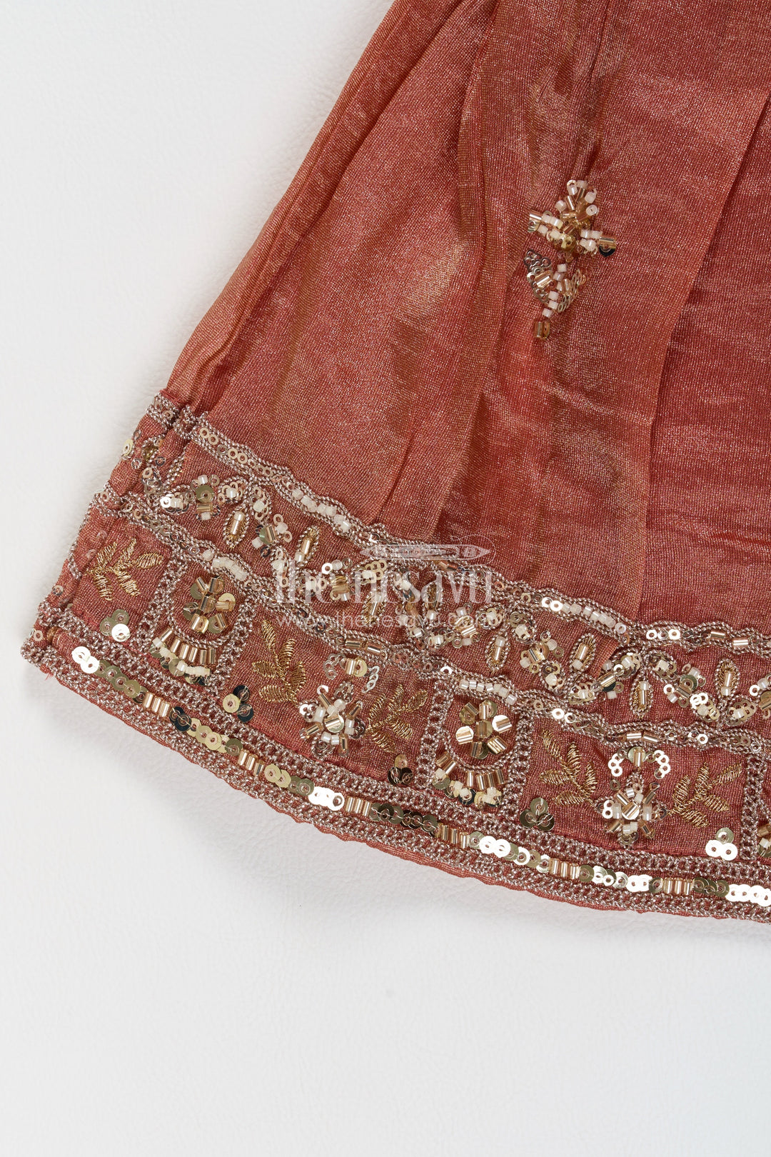Girls Copper Orange Leaf Embroidered Halter Lehenga Choli