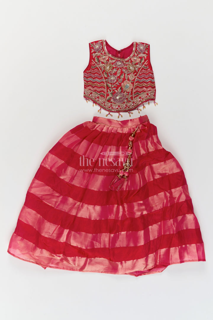 Girls Georgette Lehenga Choli in Rani Pink with Wide Stripe