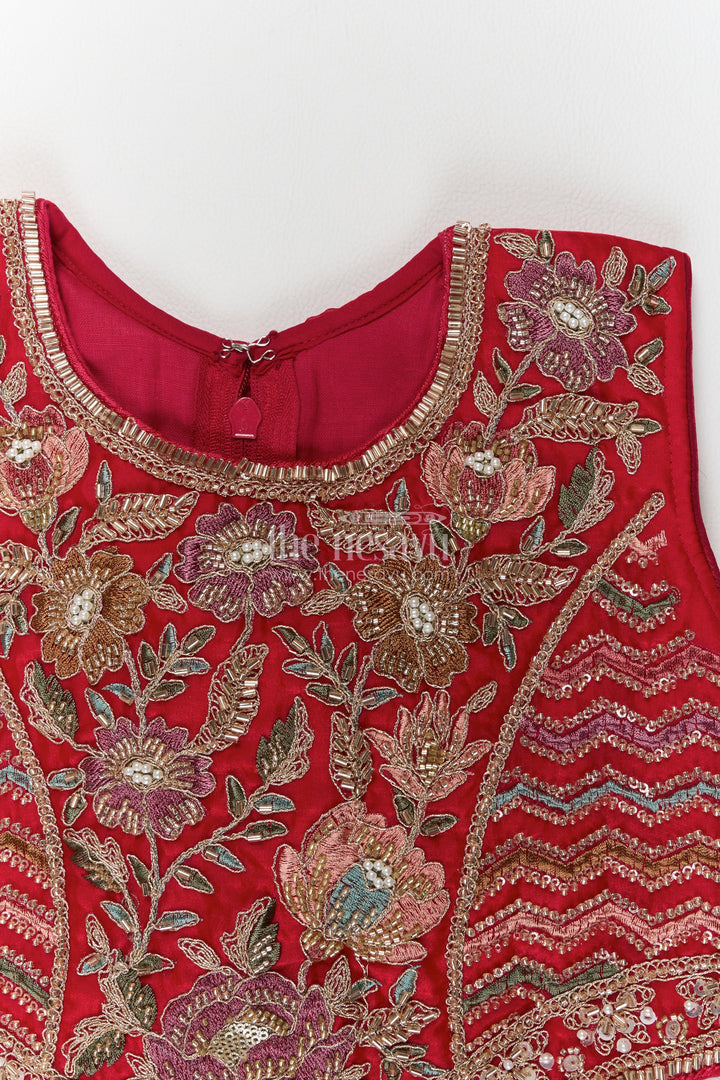 Girls Georgette Lehenga Choli in Rani Pink with Wide Stripe