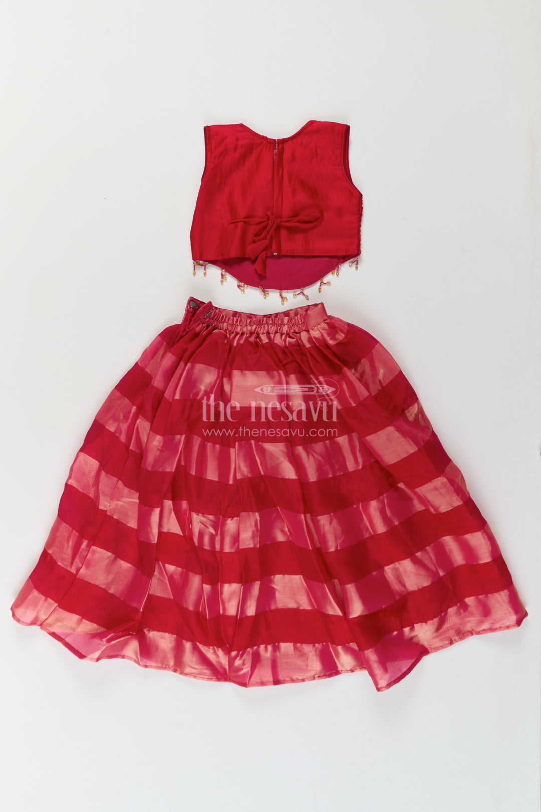 Girls Georgette Lehenga Choli in Rani Pink with Wide Stripe