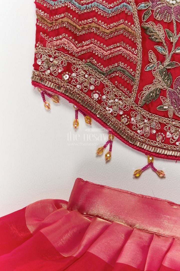 Girls Georgette Lehenga Choli in Rani Pink with Wide Stripe