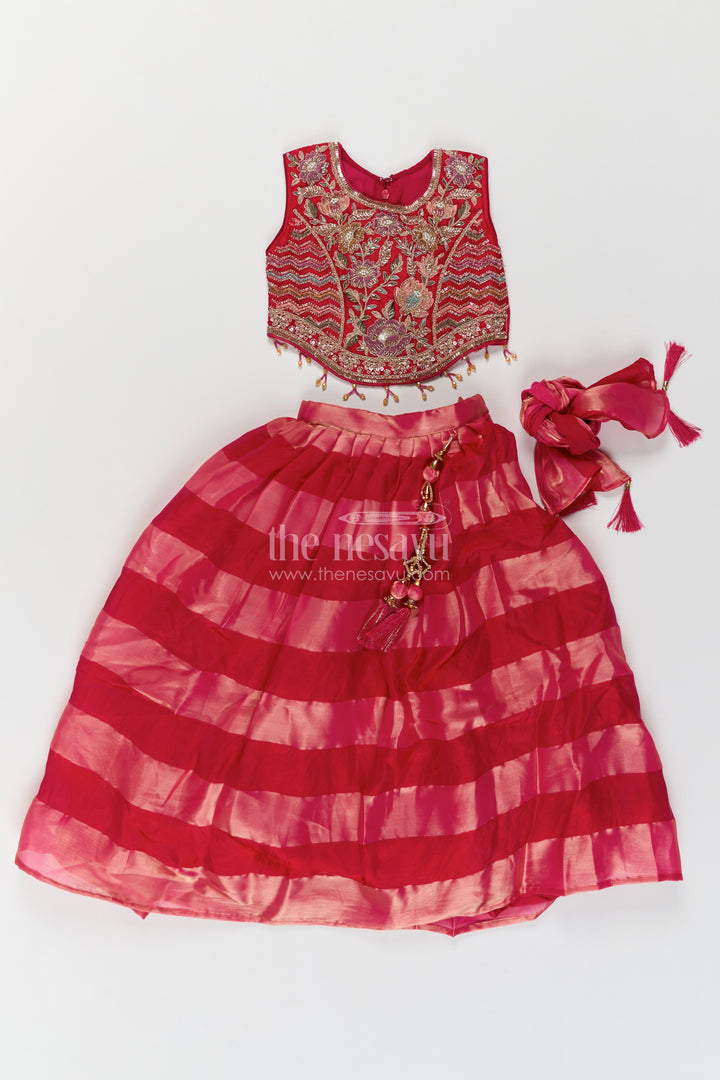 Girls Georgette Lehenga Choli in Rani Pink with Wide Stripe
