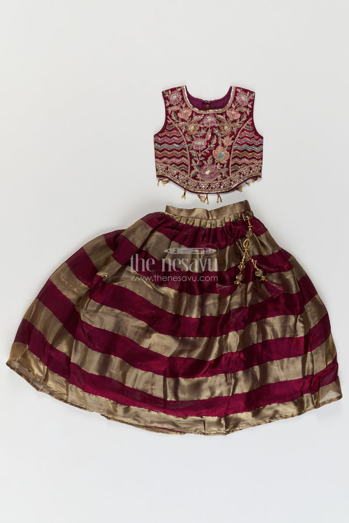 Girls Wine Georgette Leaf Embroidered Stripe Lehenga Choli
