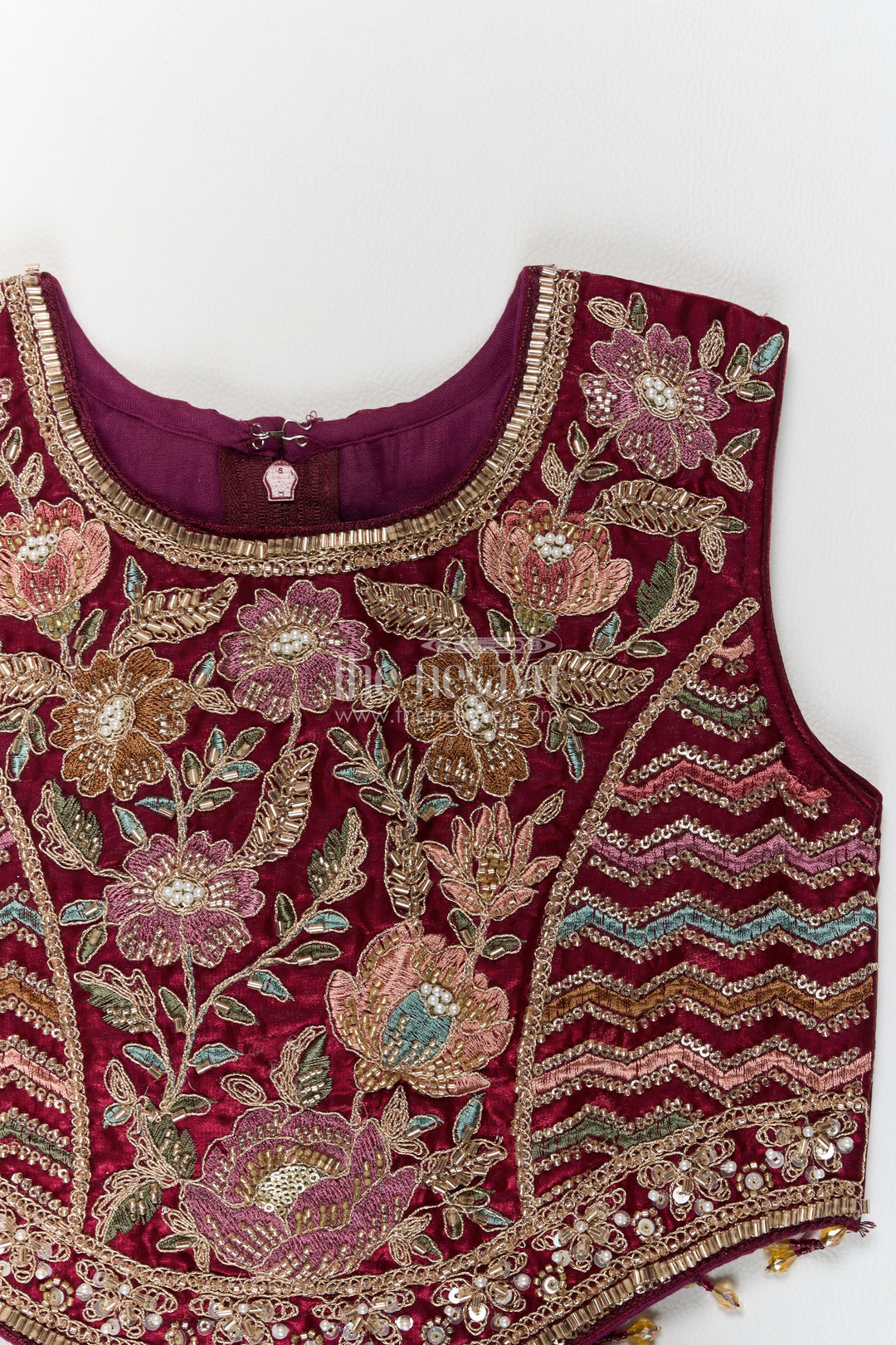 Girls Wine Georgette Leaf Embroidered Stripe Lehenga Choli