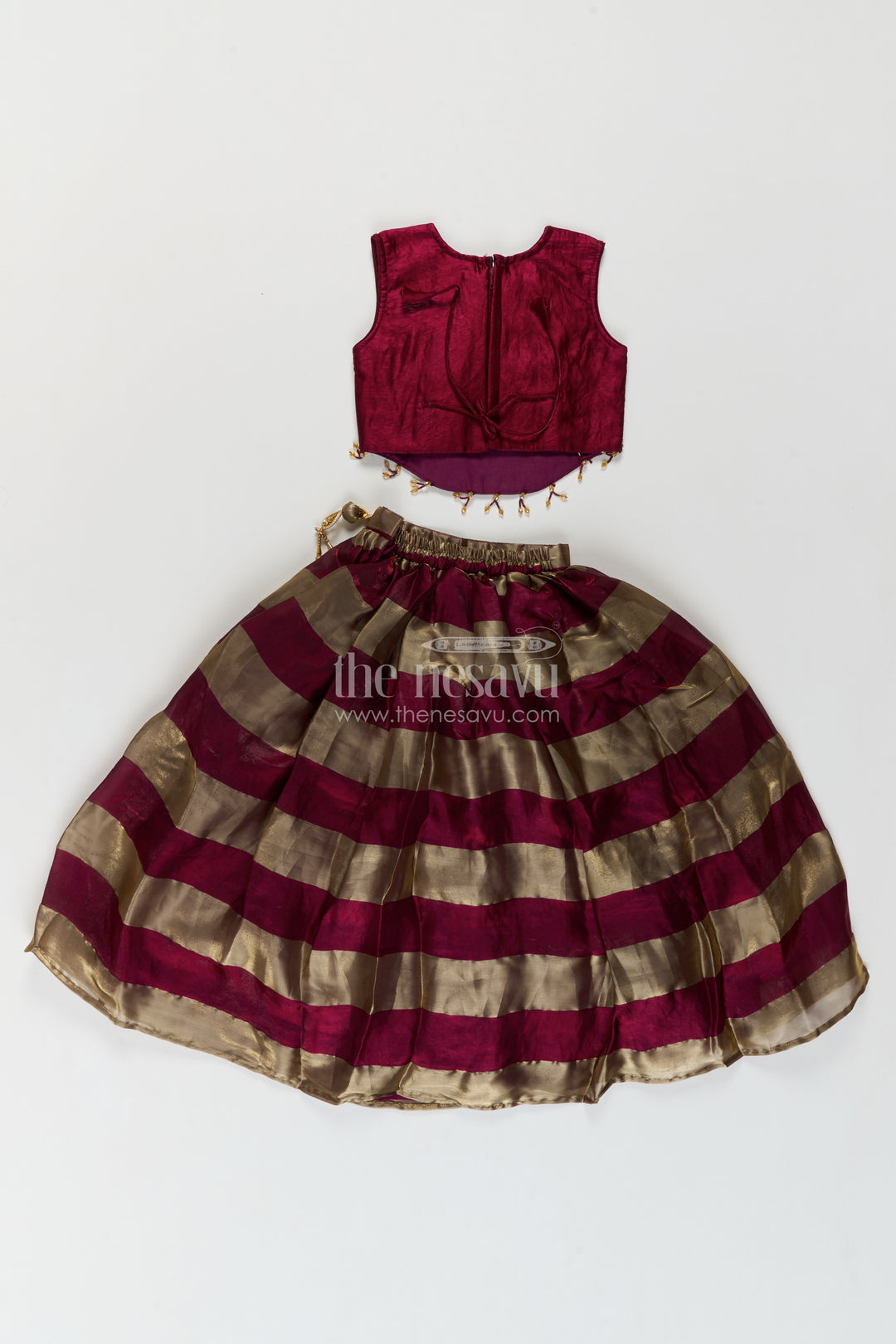 Girls Wine Georgette Leaf Embroidered Stripe Lehenga Choli