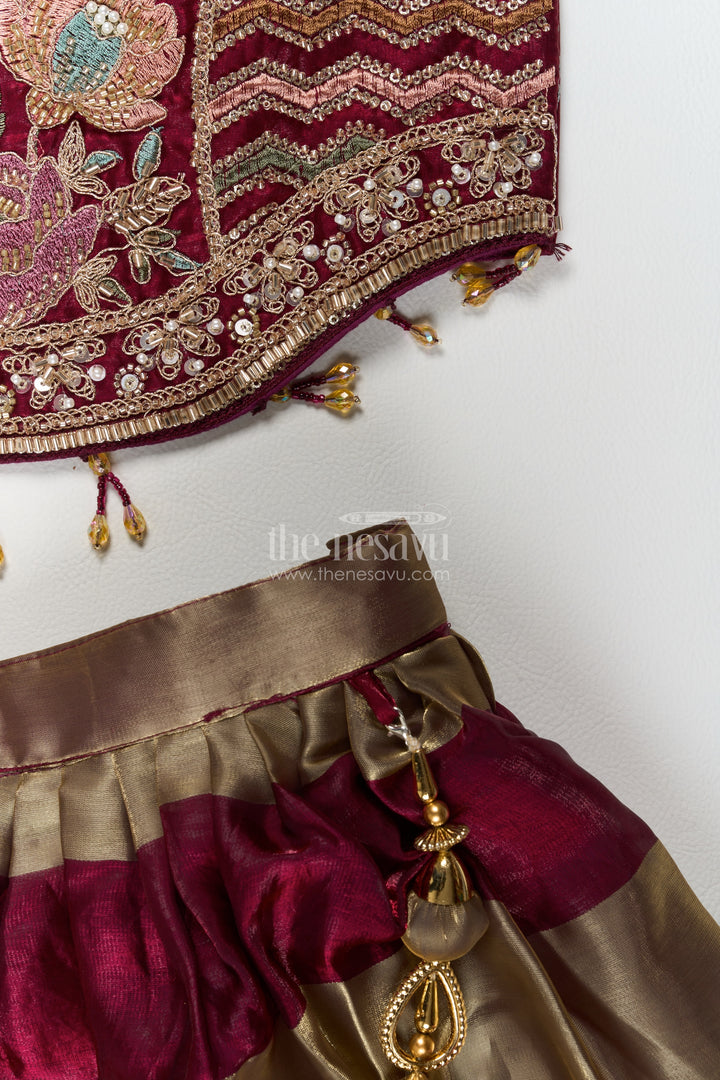 Girls Wine Georgette Leaf Embroidered Stripe Lehenga Choli