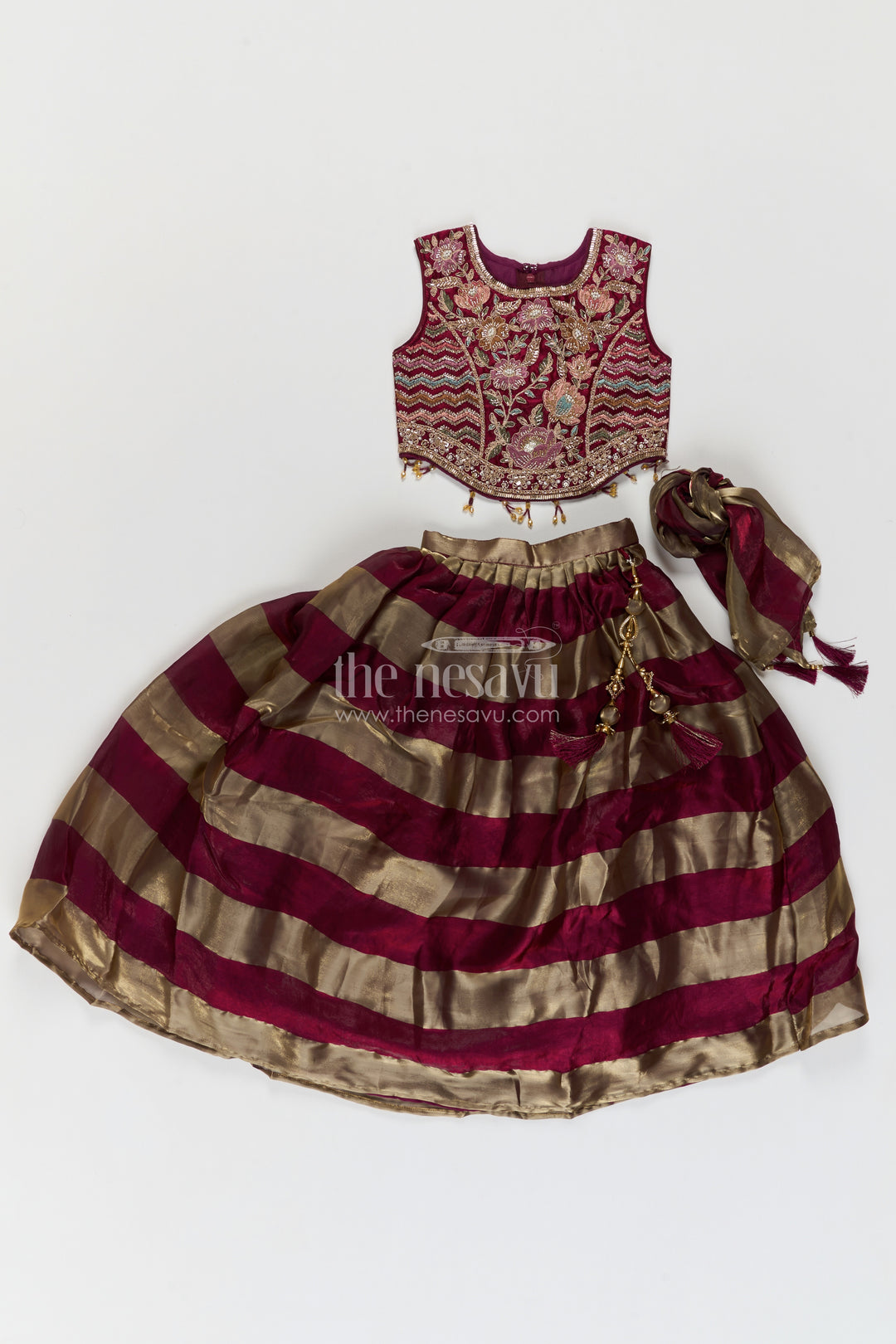 Girls Wine Georgette Leaf Embroidered Stripe Lehenga Choli