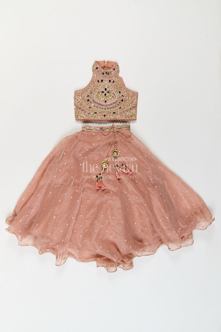Girls Dusty Rose Tissue Silk Geometric Halter Lehenga Choli