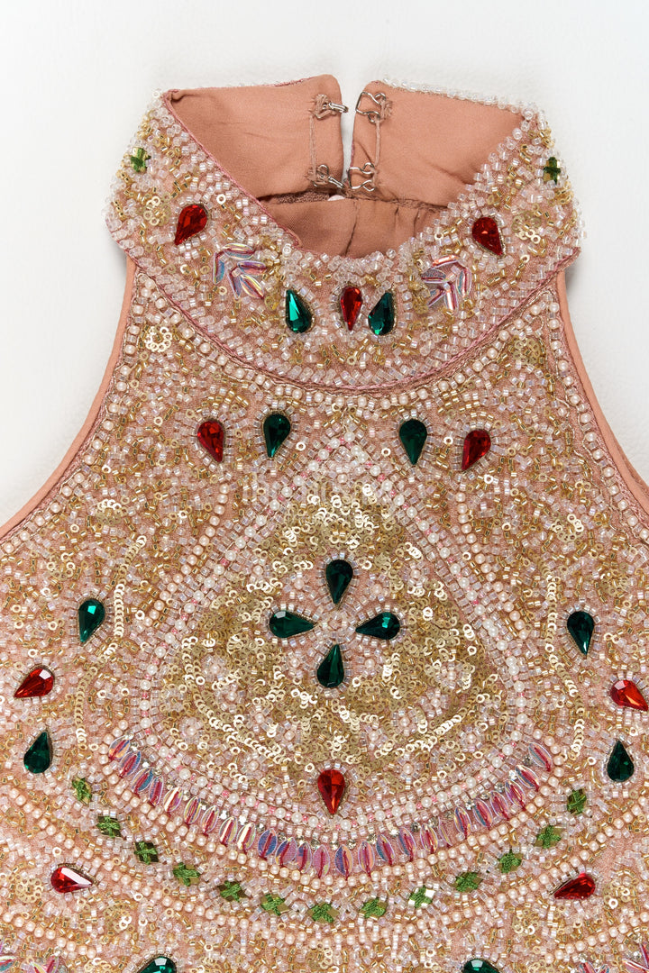 Girls Dusty Rose Tissue Silk Geometric Halter Lehenga Choli