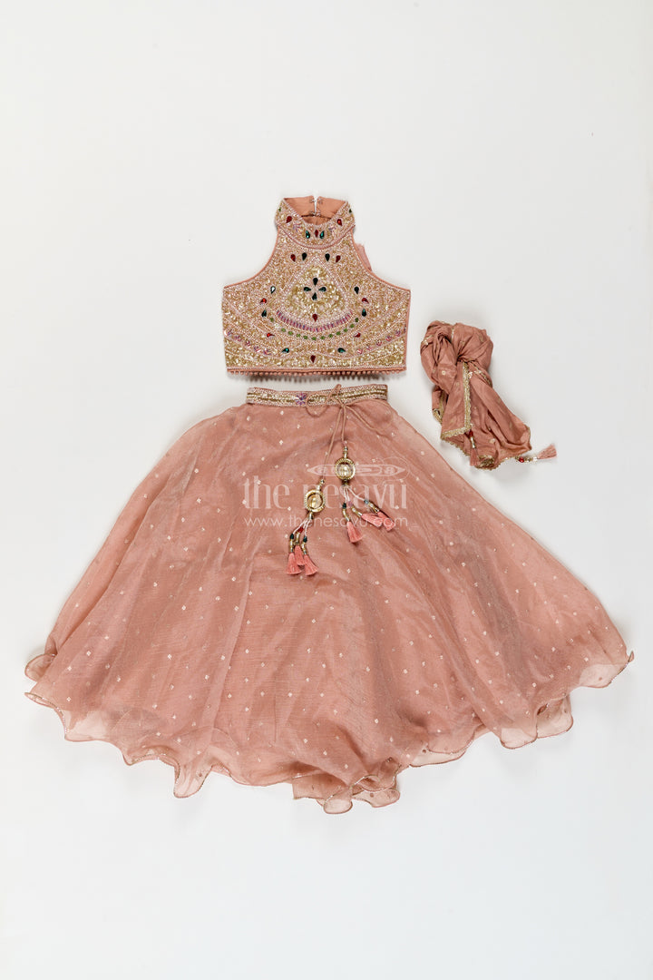 Girls Dusty Rose Tissue Silk Geometric Halter Lehenga Choli