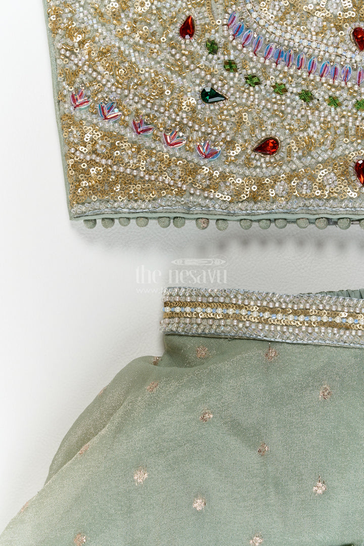 Girls Sage Grey Embellished Halter Tissue Silk Lehenga Choli