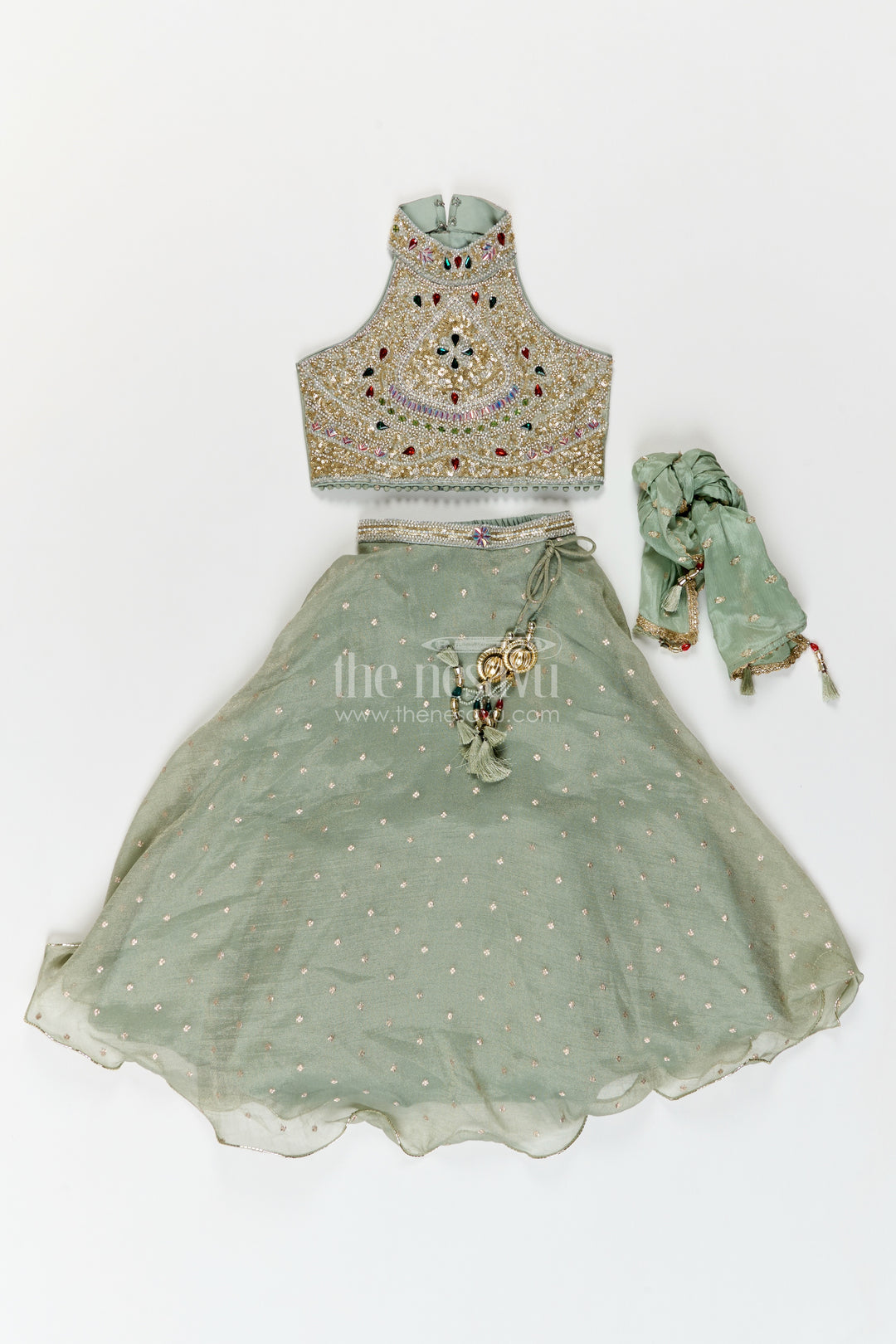 Girls Sage Grey Embellished Halter Tissue Silk Lehenga Choli