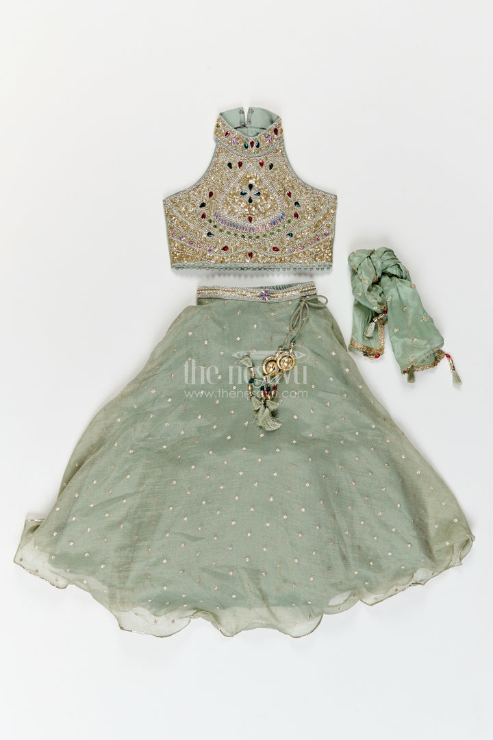Girls Sage Grey Embellished Halter Tissue Silk Lehenga Choli