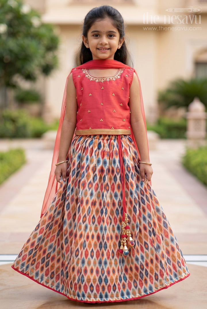 Ikkat Designer Red Raw Silk Choli Wear for Baby Girls
