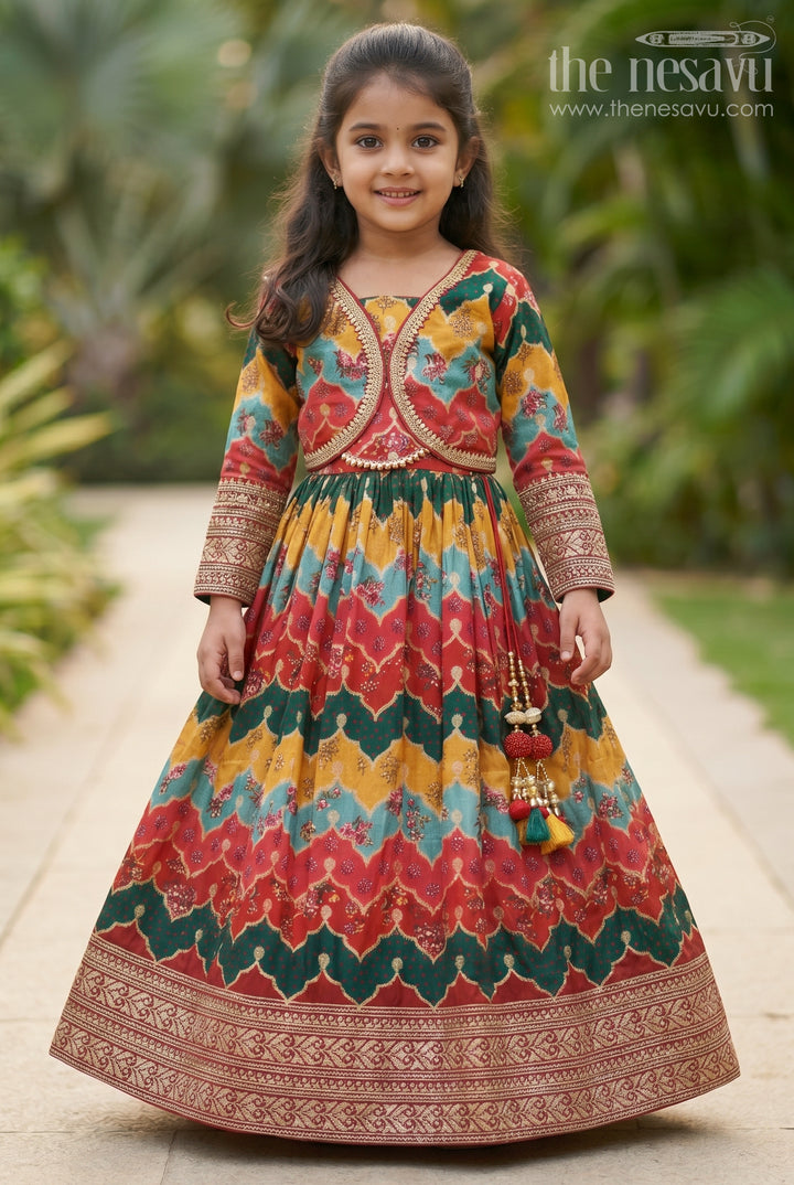 Traditional Multicolor Bandhej Lehenga Choli with Embellished Dupatta for Girls