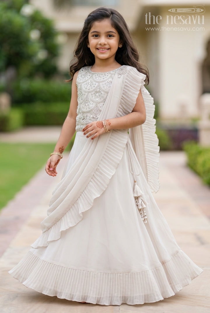 Gray Georgette Printed Lehenga Choli with Scalloped Sequins Design for Girls