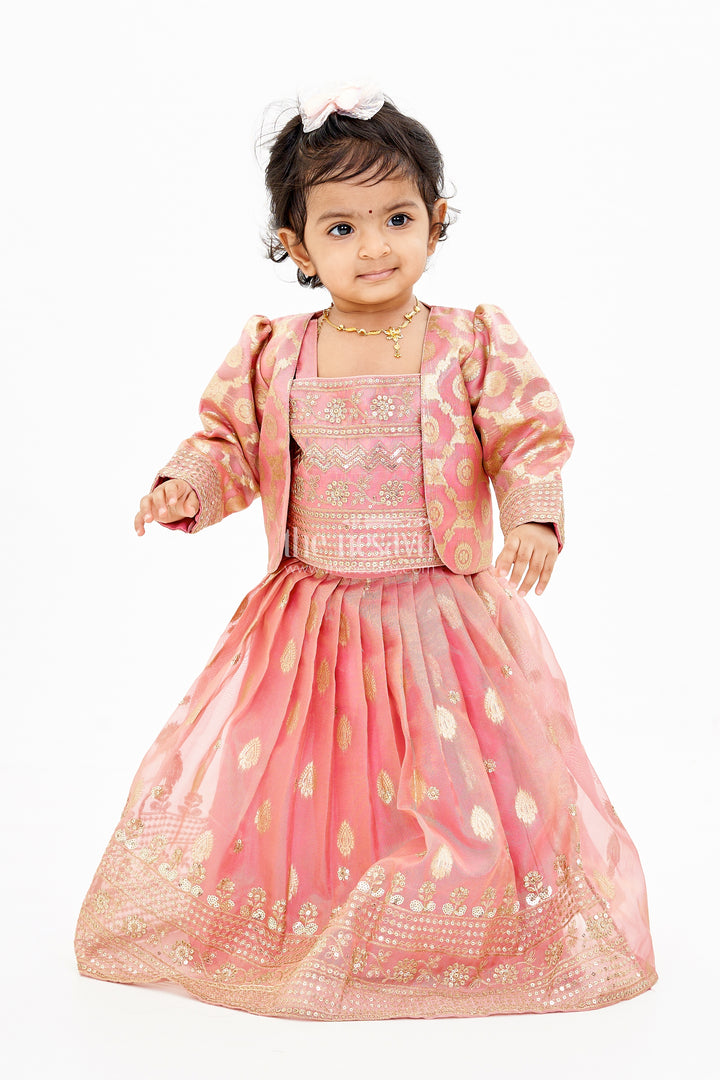 Elegant Jacket Lehenga Set for Girls with Banarasi Jacquard and Embellished Choli