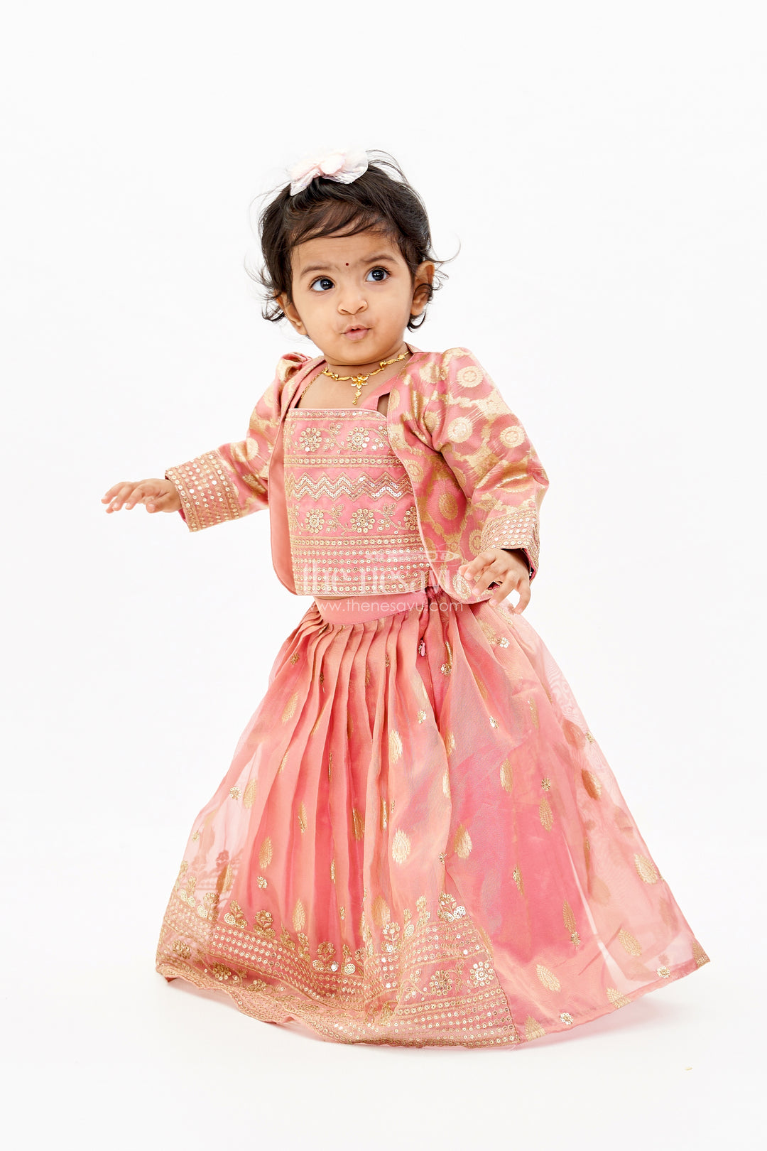 Elegant Jacket Lehenga Set for Girls with Banarasi Jacquard and Embellished Choli