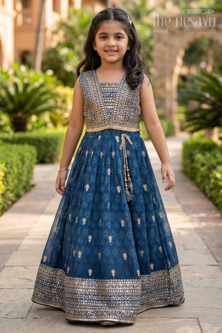 Girls Navy Blue Pure Georgette Lehenga Choli with Silver Embroidery and Geometric Pattern Detailing