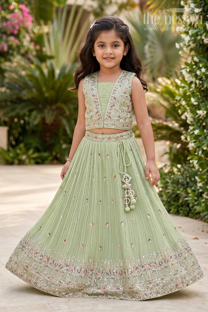 Crush Chinon Embroidered Lehenga Choli Online for Girls in Green with Floral Embroidery