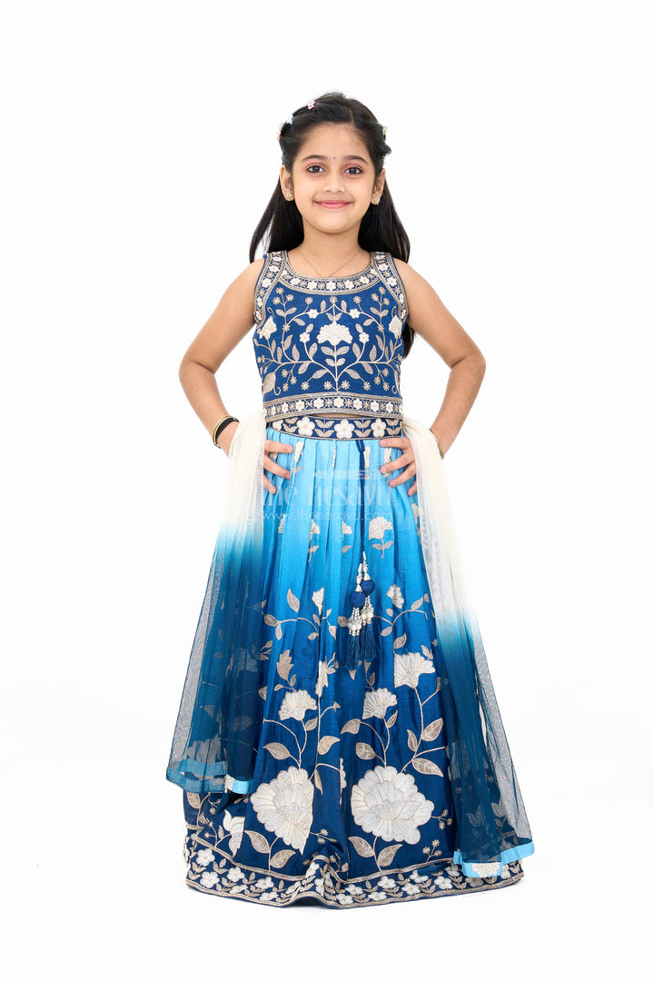 Girls Reception Lehenga in Navy Blue Muslin Silk with Floral Embroidery