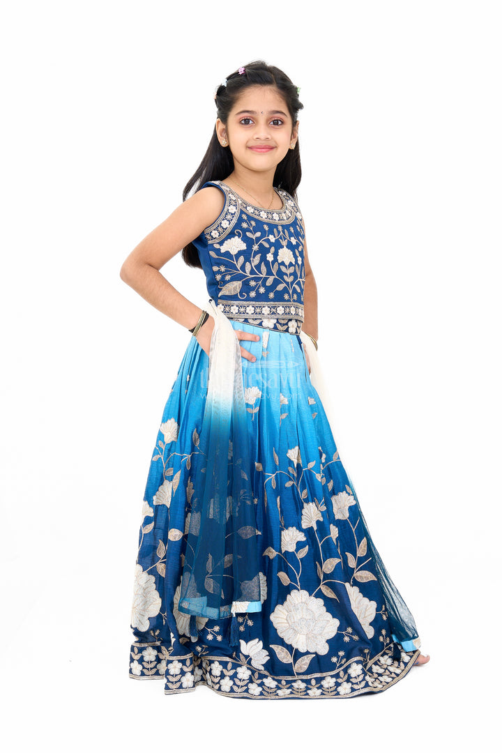 Girls Reception Lehenga in Navy Blue Muslin Silk with Floral Embroidery