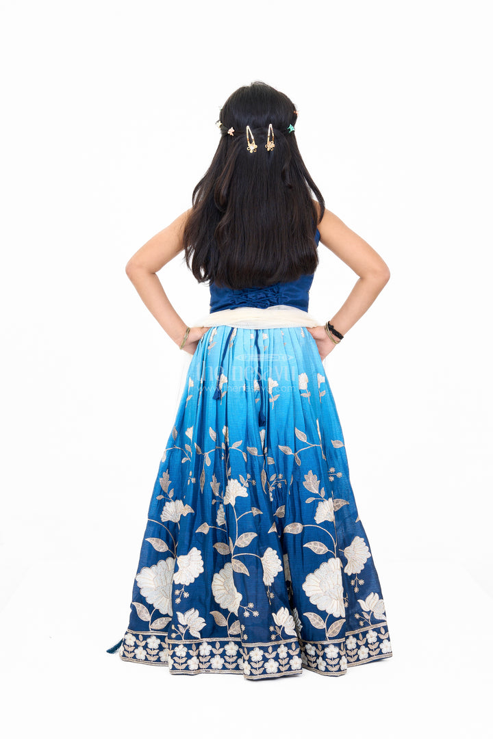 Girls Reception Lehenga in Navy Blue Muslin Silk with Floral Embroidery
