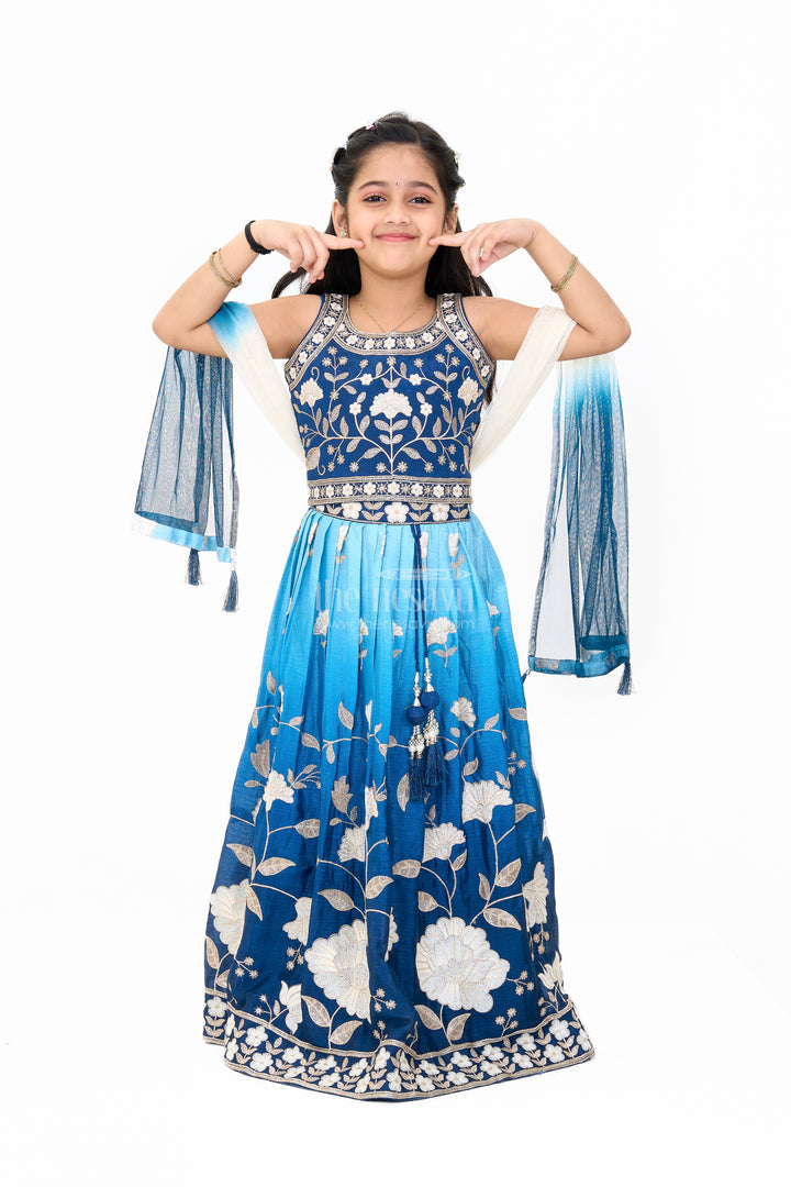 Girls Reception Lehenga in Navy Blue Muslin Silk with Floral Embroidery