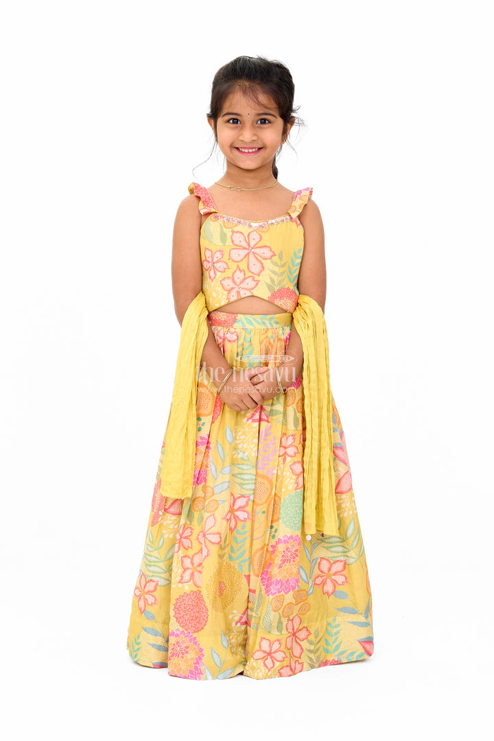 Girls Christmas Dress in Yellow Floral Muslin Silk Lehenga Choli