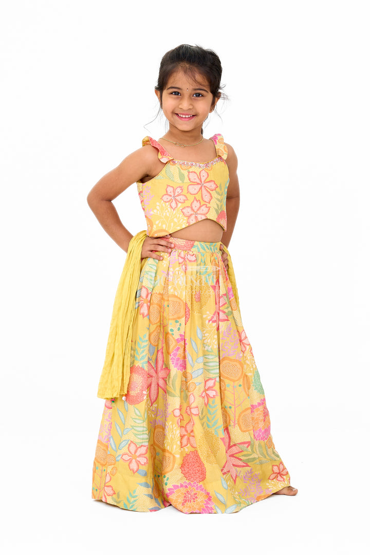 Girls Christmas Dress in Yellow Floral Muslin Silk Lehenga Choli