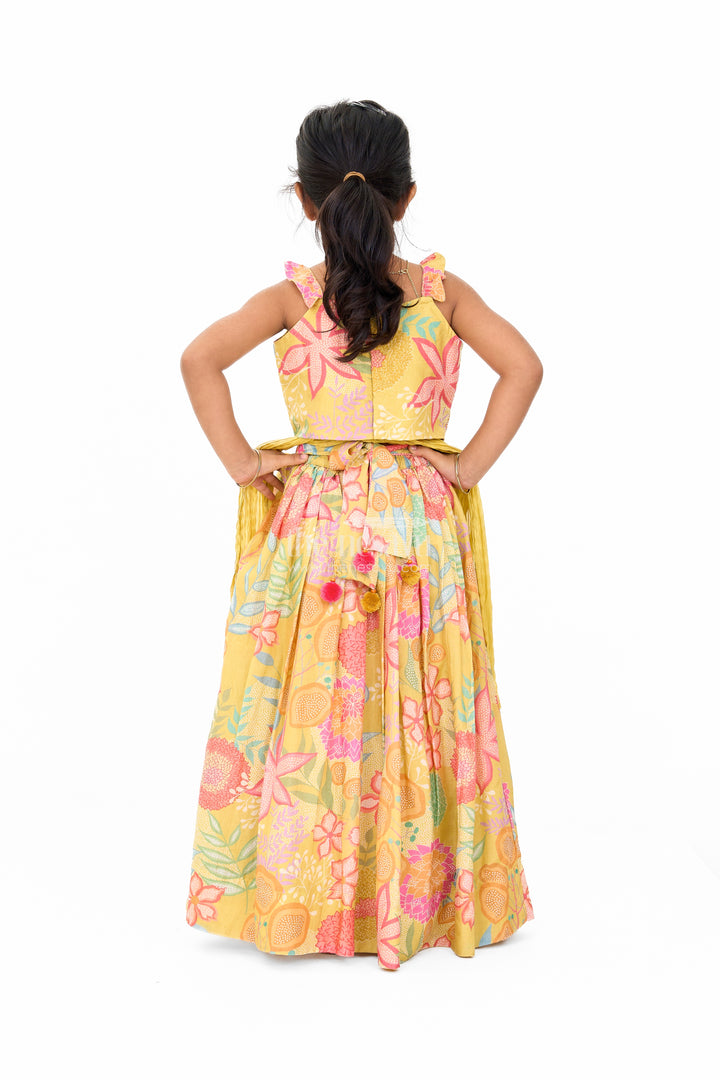 Girls Christmas Dress in Yellow Floral Muslin Silk Lehenga Choli