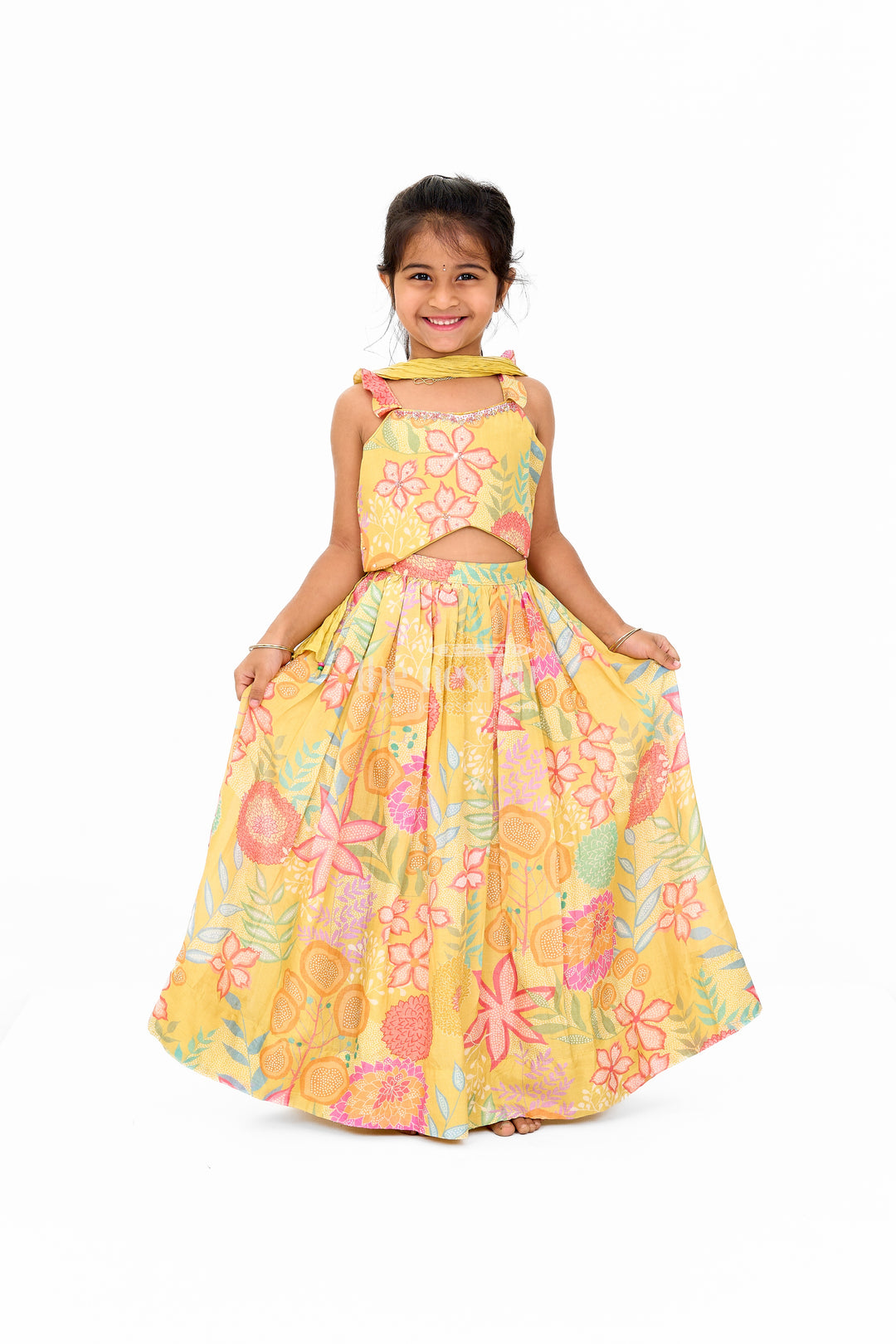 Girls Christmas Dress in Yellow Floral Muslin Silk Lehenga Choli