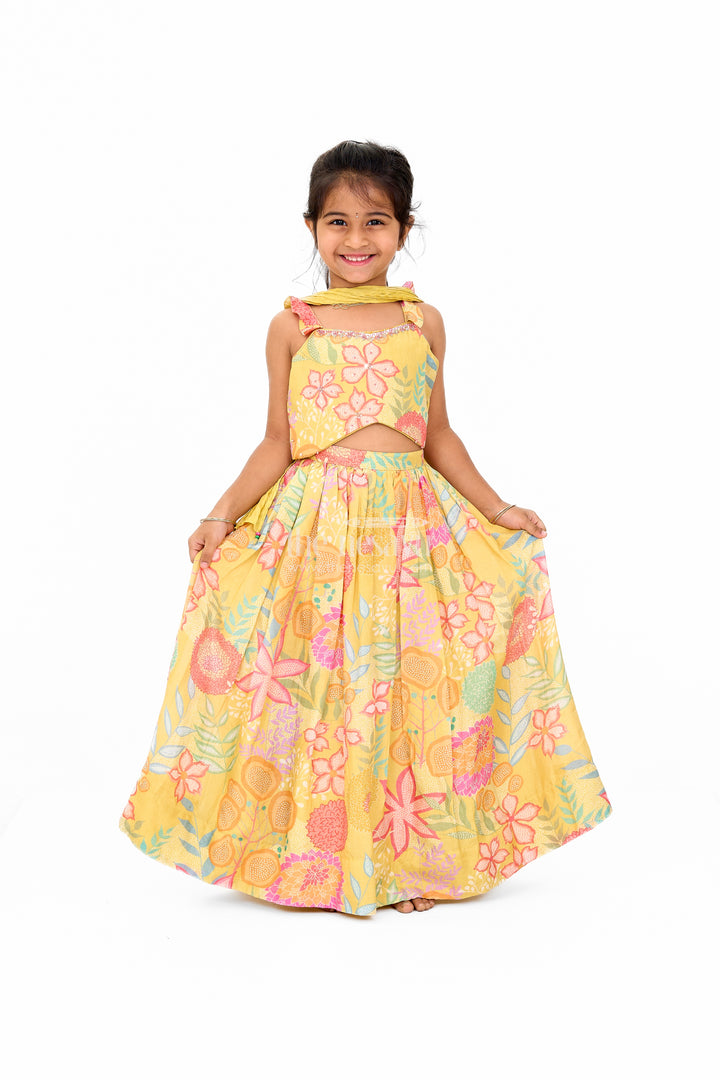 Girls Christmas Dress in Yellow Floral Muslin Silk Lehenga Choli