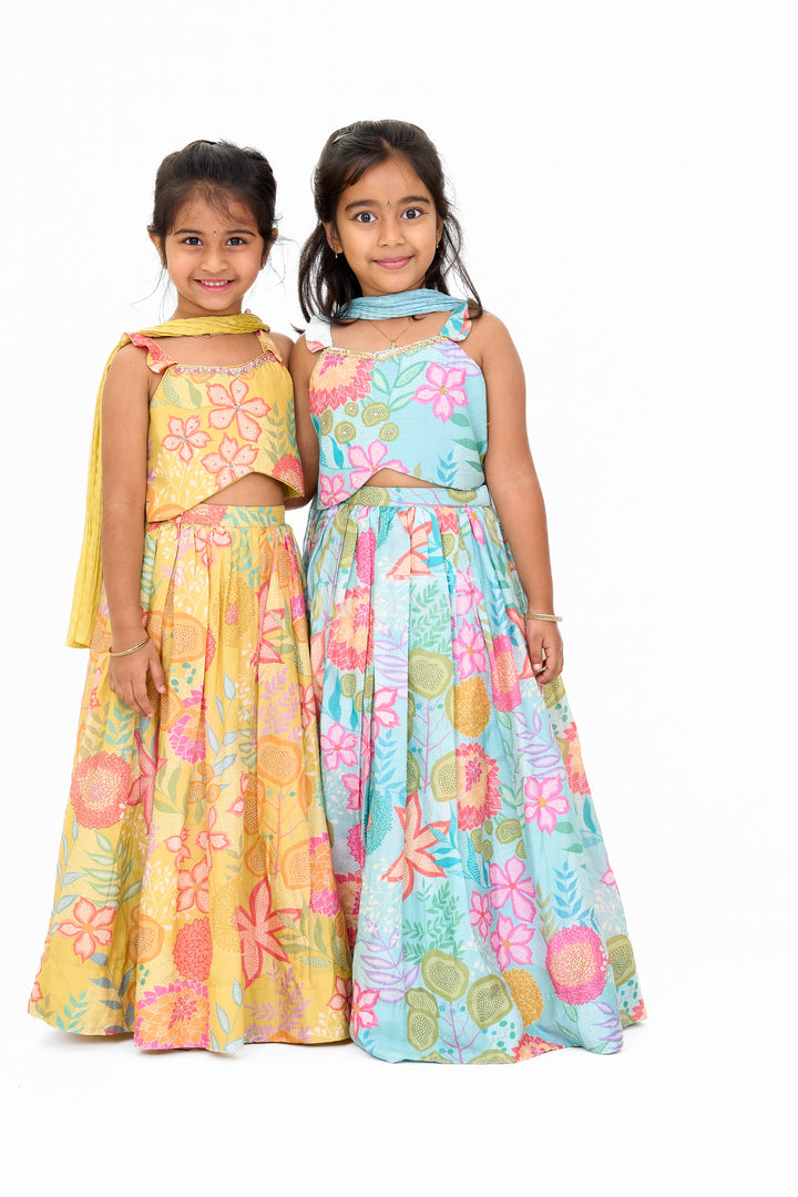 Girls Christmas Dress in Yellow Floral Muslin Silk Lehenga Choli