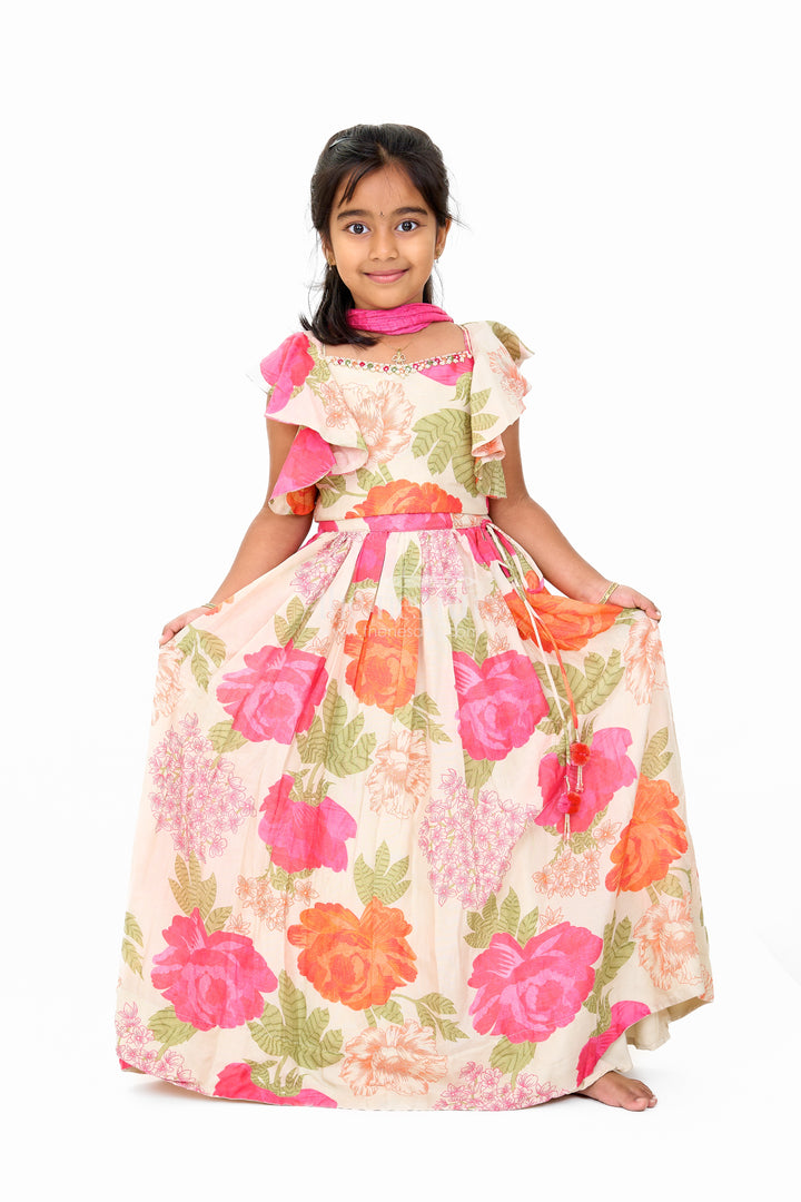 Girls Wedding Lehenga in Cream Floral Muslin Silk with Ruffle Sleeves