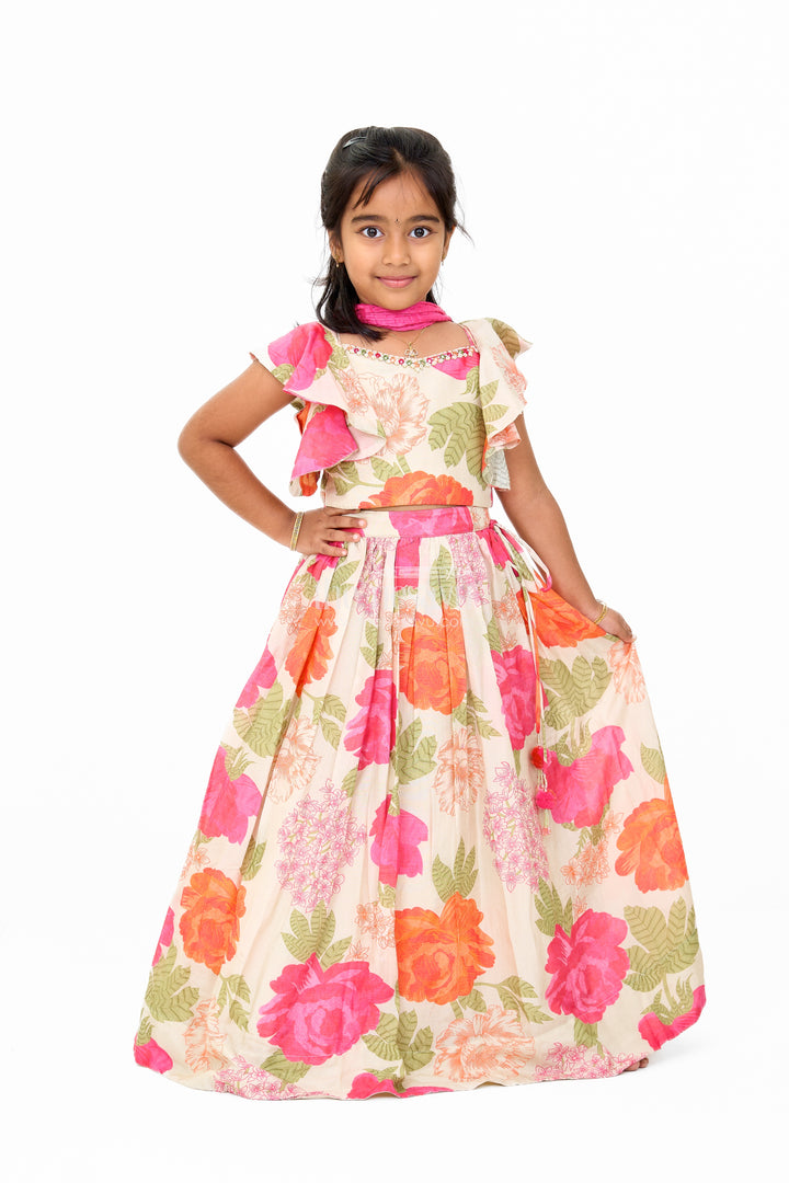 Girls Wedding Lehenga in Cream Floral Muslin Silk with Ruffle Sleeves