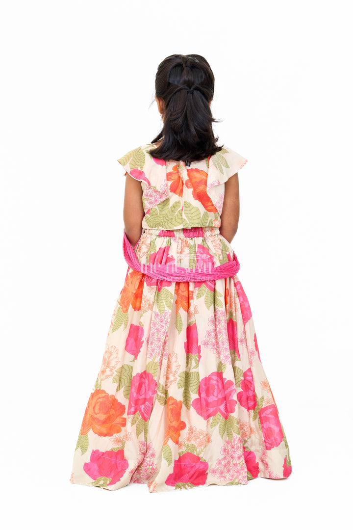 Girls Wedding Lehenga in Cream Floral Muslin Silk with Ruffle Sleeves