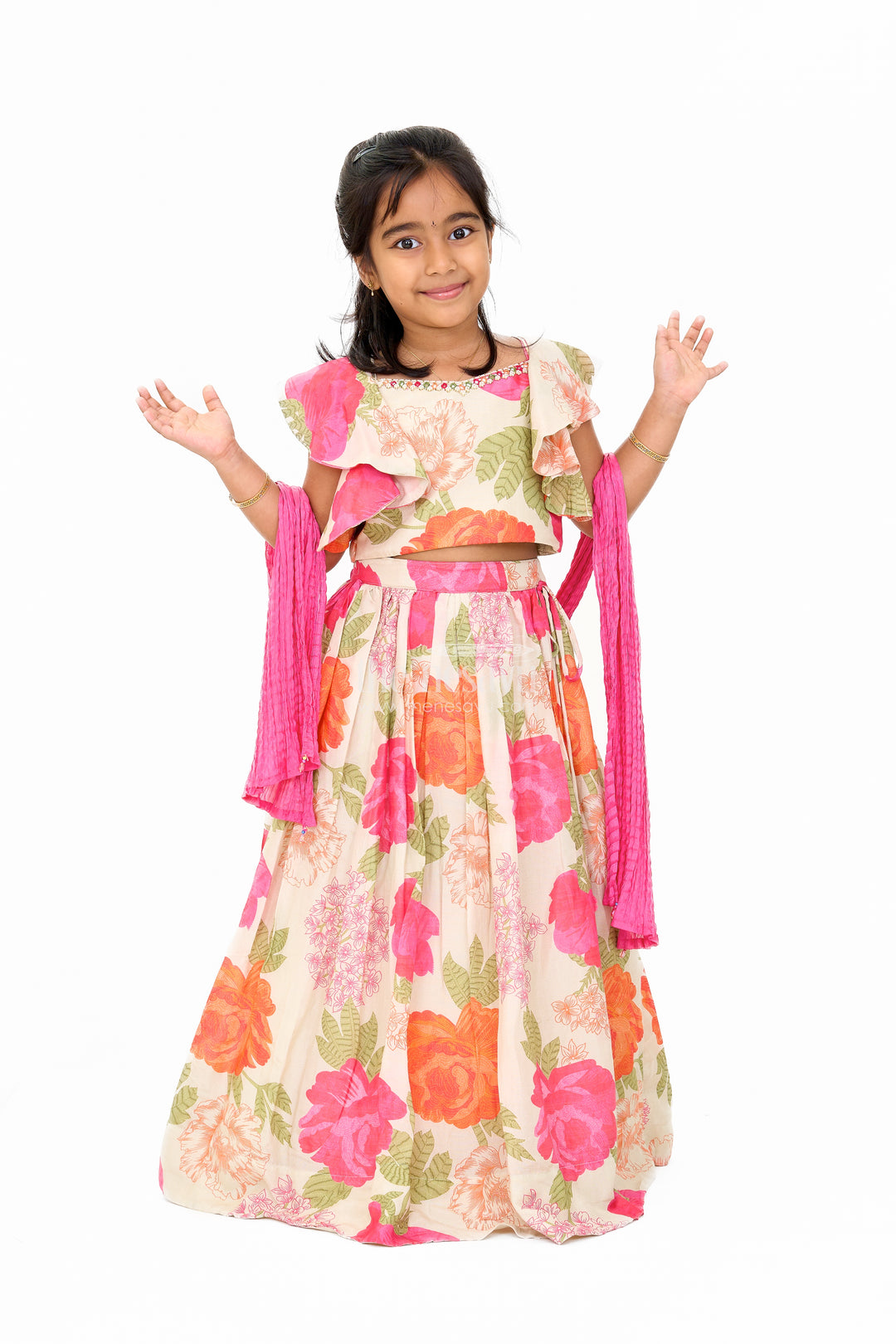 Girls Wedding Lehenga in Cream Floral Muslin Silk with Ruffle Sleeves