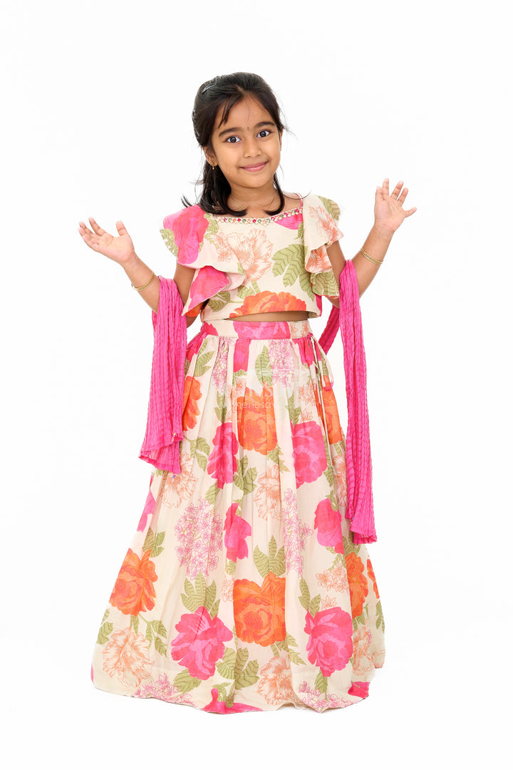 Girls Wedding Lehenga in Cream Floral Muslin Silk with Ruffle Sleeves