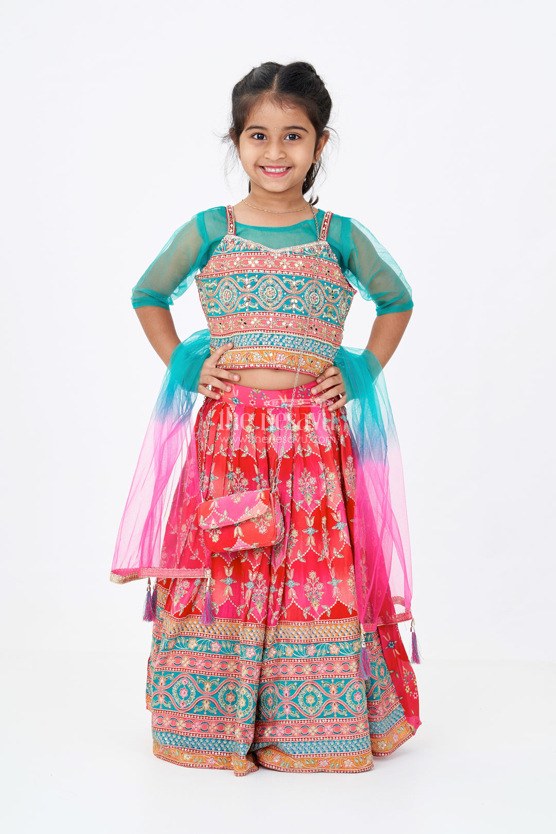 Girls Choli with Placement Print and Embroidery Featuring a Flared Lehenga for Special Occasions