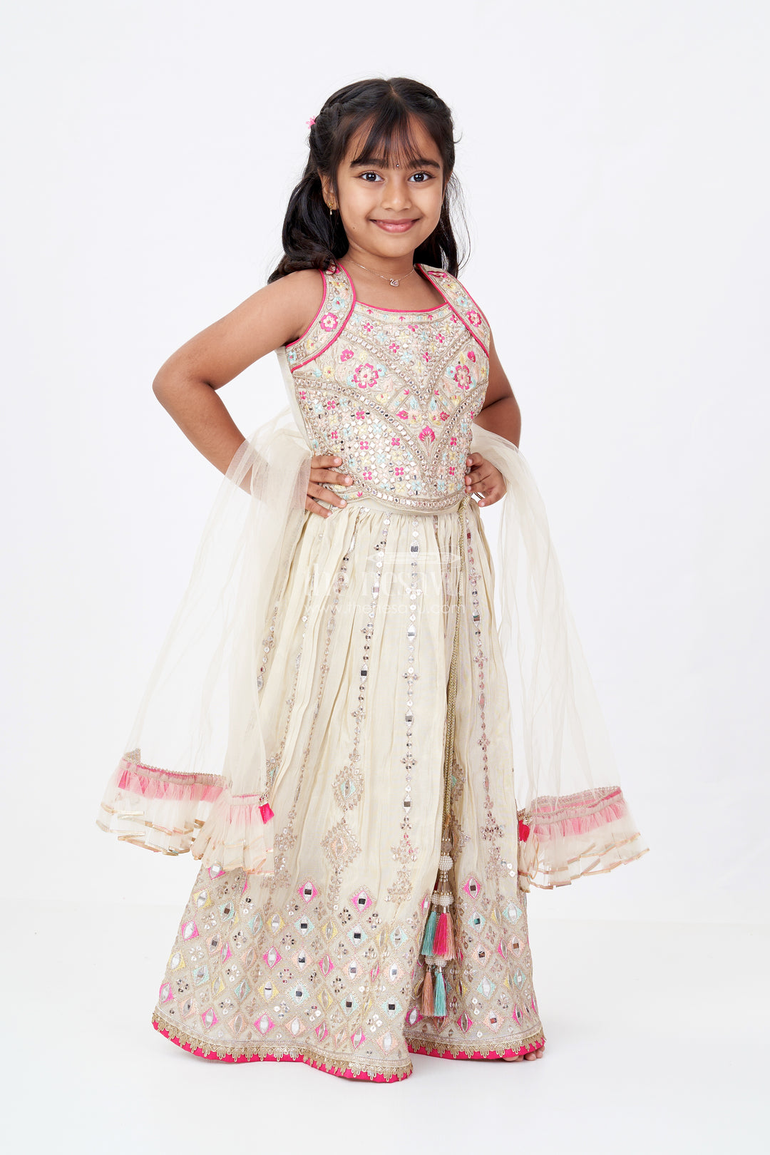 Girls White Color Lehenga in Pure Viscose Tissue Silk with Embroidered Choli and Dupatta