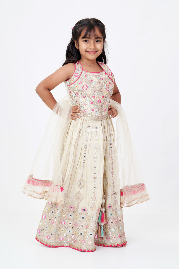 Girls White Color Lehenga in Pure Viscose Tissue Silk with Embroidered Choli and Dupatta