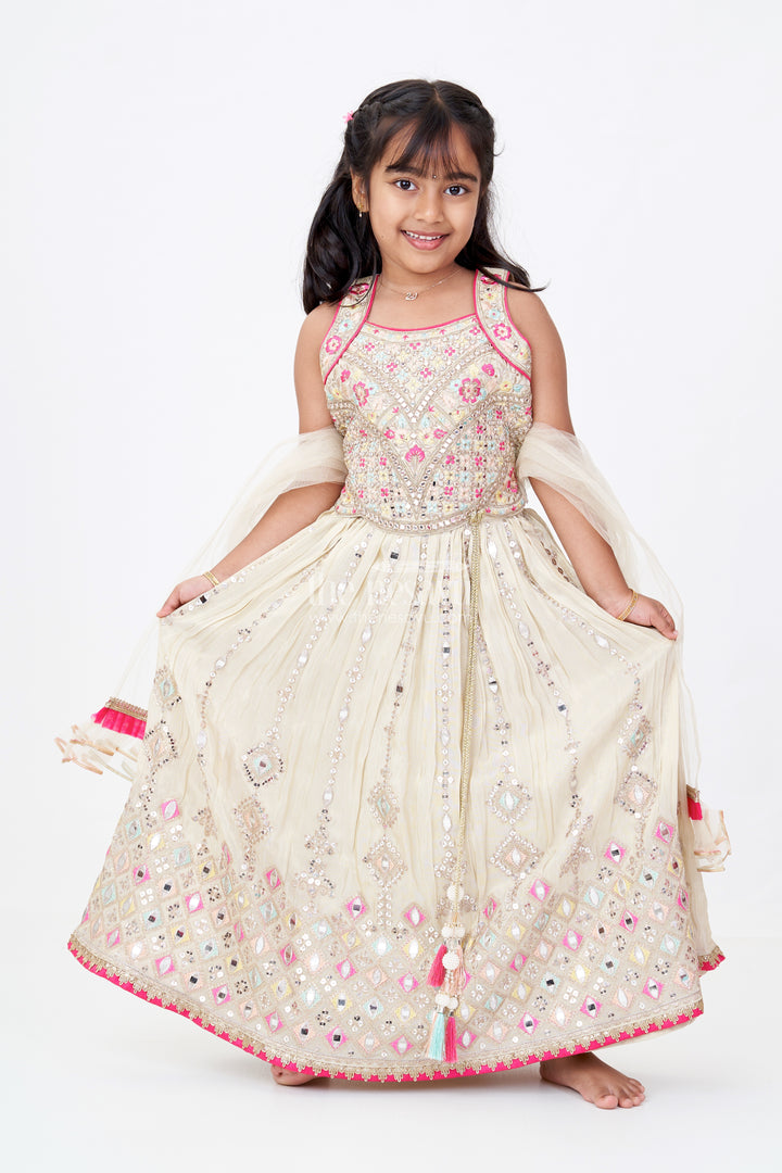 Girls White Color Lehenga in Pure Viscose Tissue Silk with Embroidered Choli and Dupatta