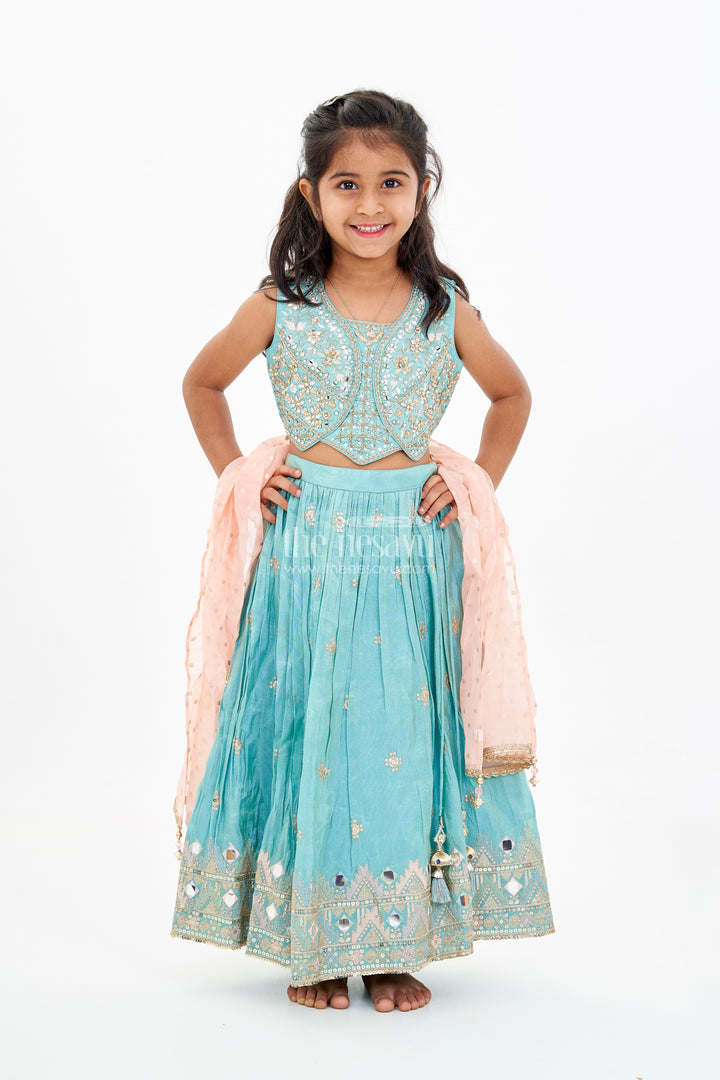 Girls Blue Party Lehenga Dress with Embroidered Blouse and Mirror Work Detailing