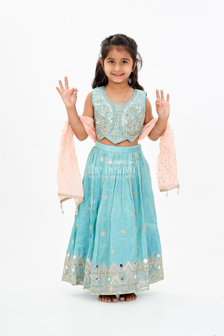 Girls Blue Party Lehenga Dress with Embroidered Blouse and Mirror Work Detailing