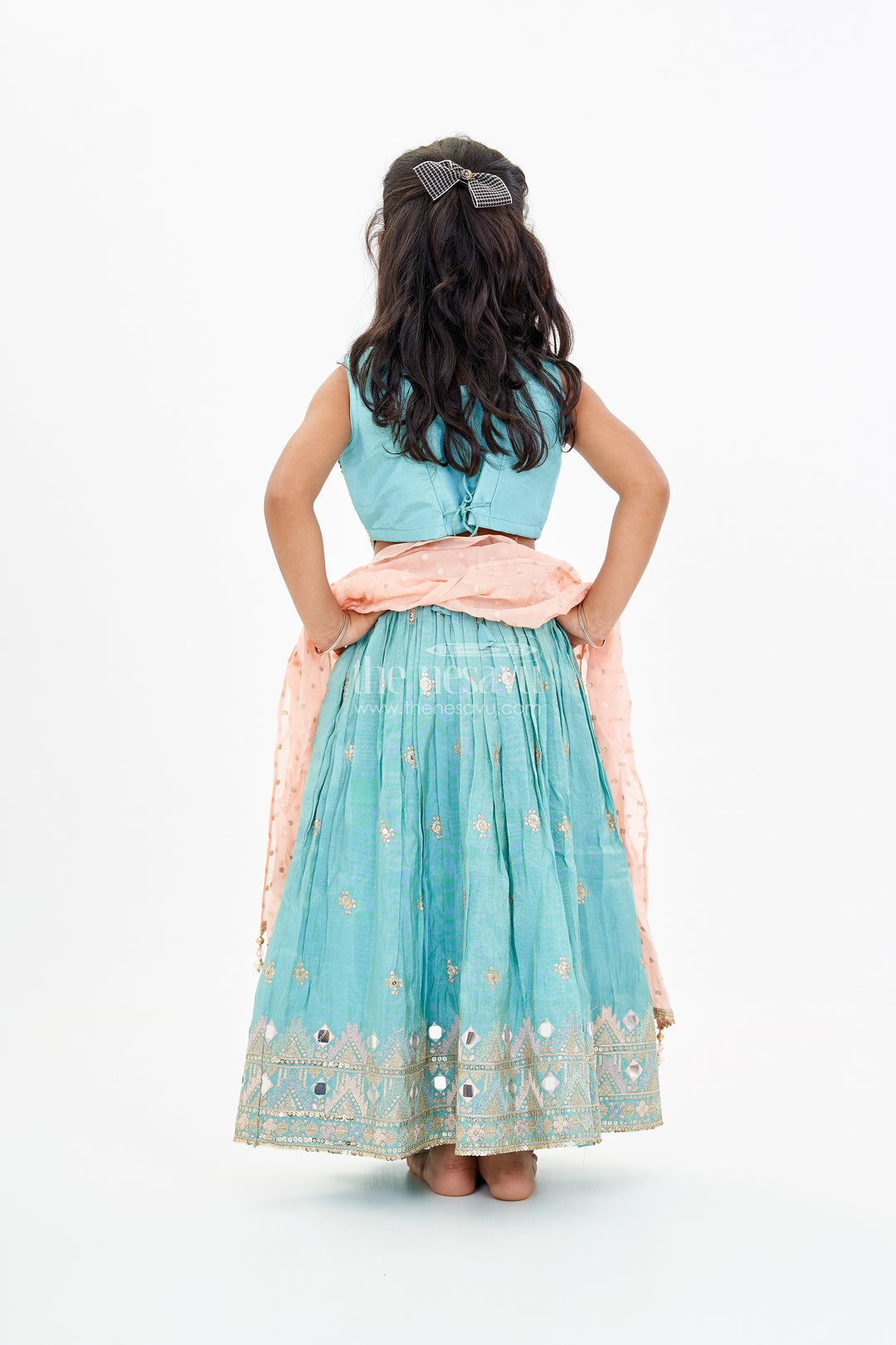 Girls Blue Party Lehenga Dress with Embroidered Blouse and Mirror Work Detailing